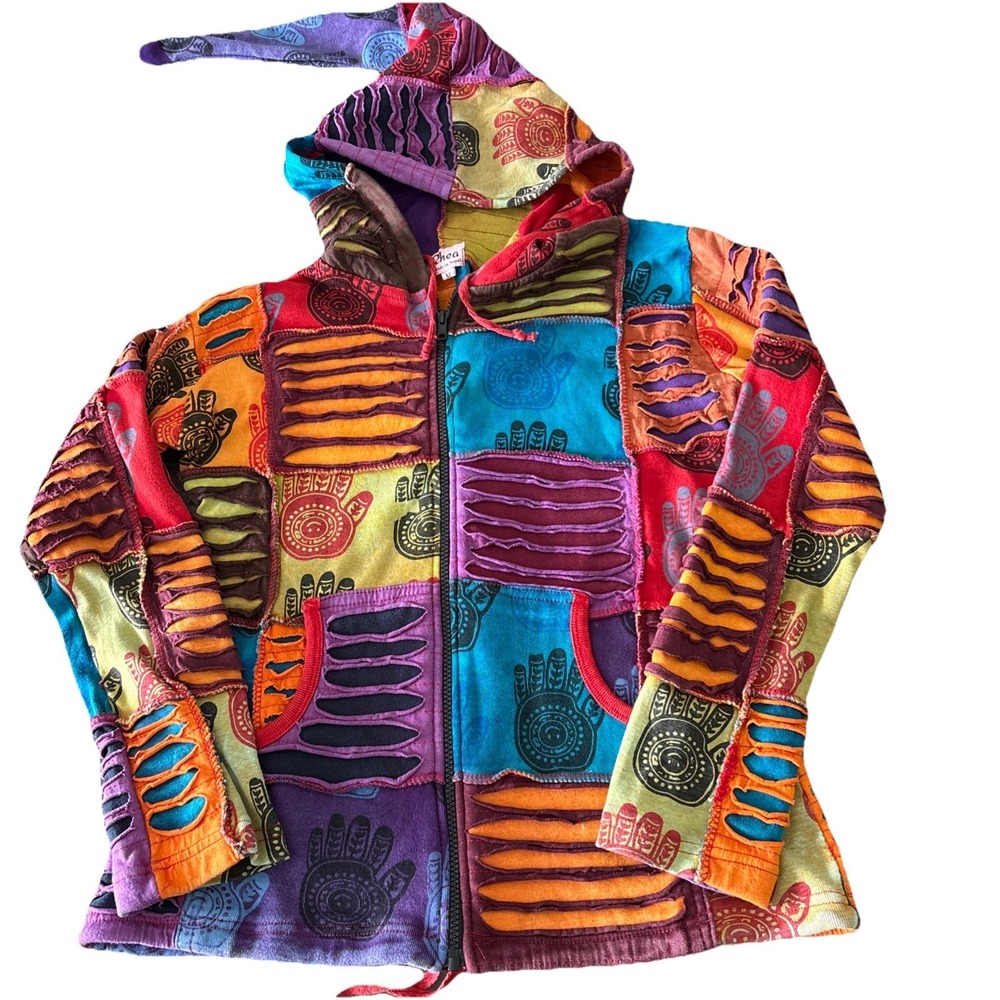 RHEA Nepal Jacket Womens M Boho Art Hippie Festivals hoodie colorful artsy